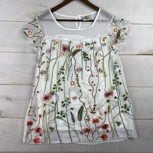 Vintage ROD'S Womens Top M White Embroidered Sheer Lace Ruffle Boho Coquette